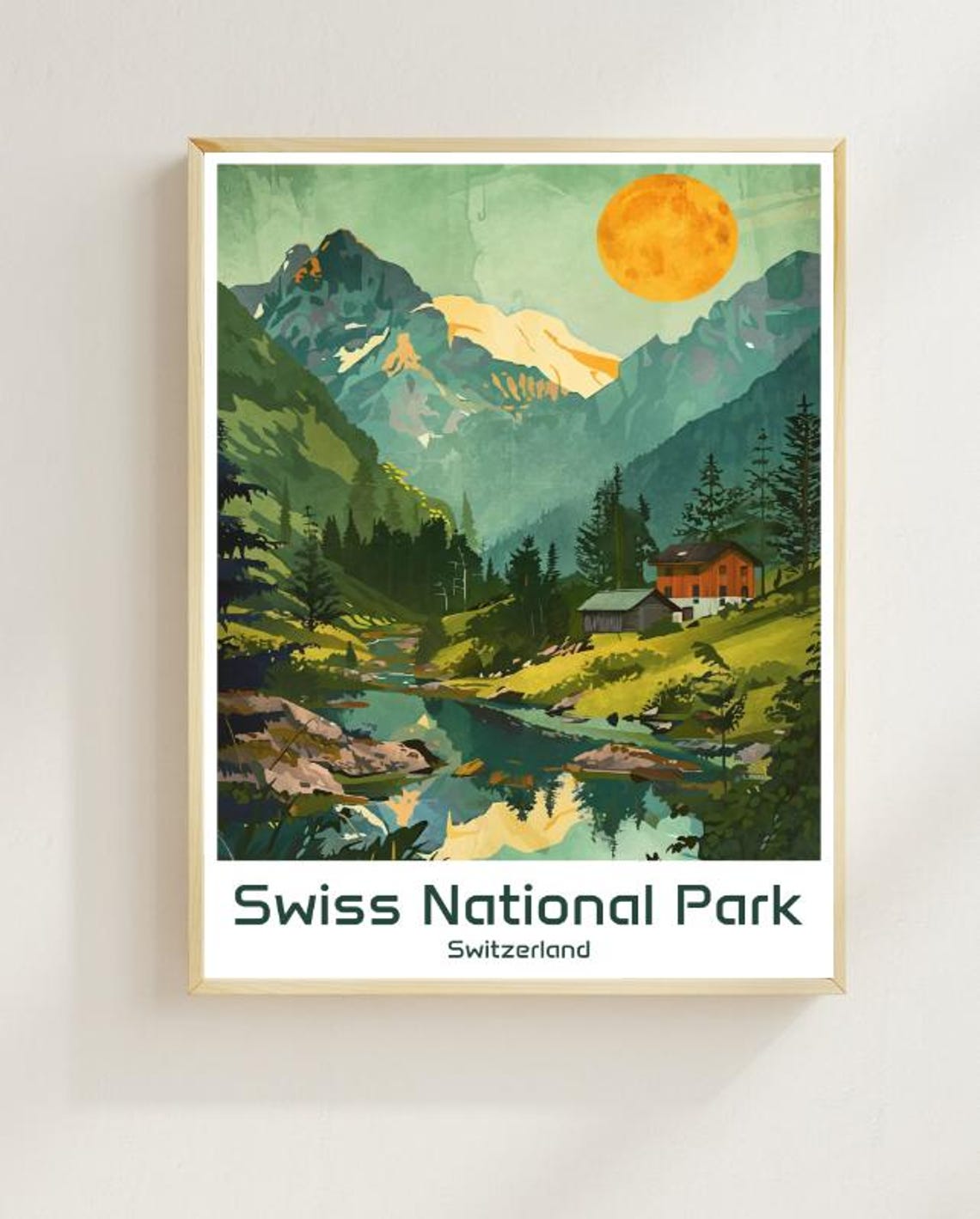 Swiss National Park Moonrise Alpine Valley Cabin Landscape Poster