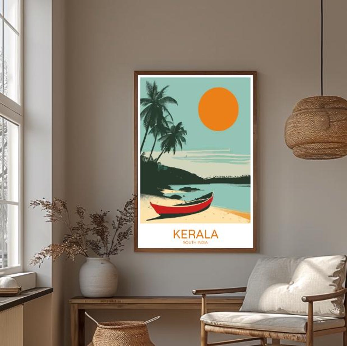 Kerala South India Beach With Red Boat And Palm Trees Travel Poster - Image 3