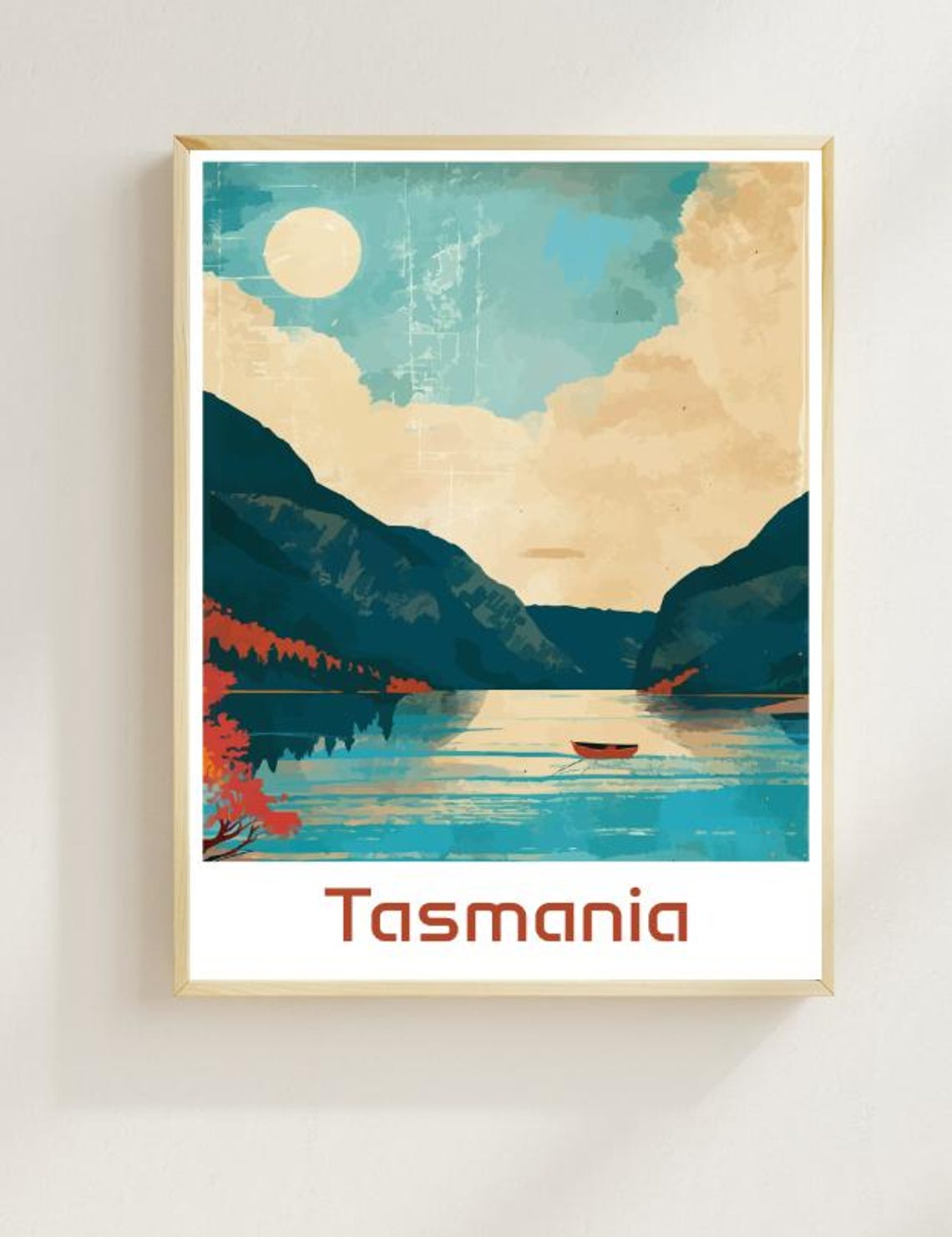 Tasmania Wilderness Lake Red Canoe Mountain Reflection Poster