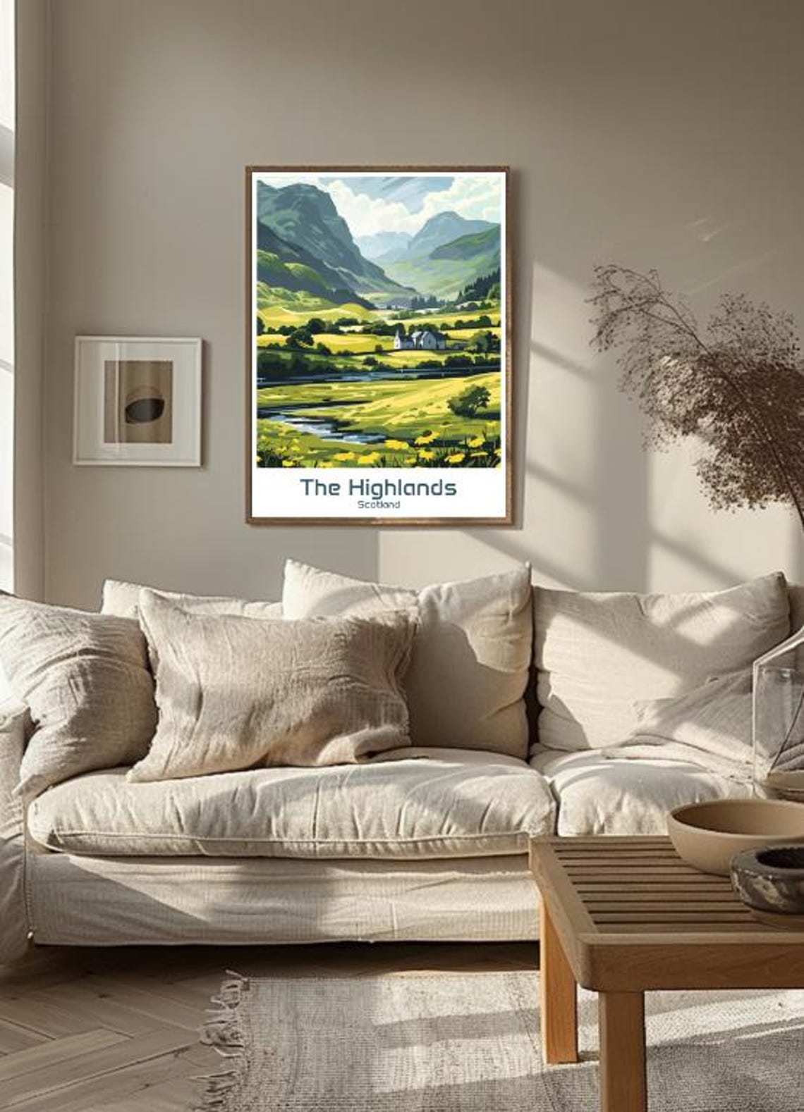 Scottish Highlands Green Valley River and White Cottage Poster - Image 3