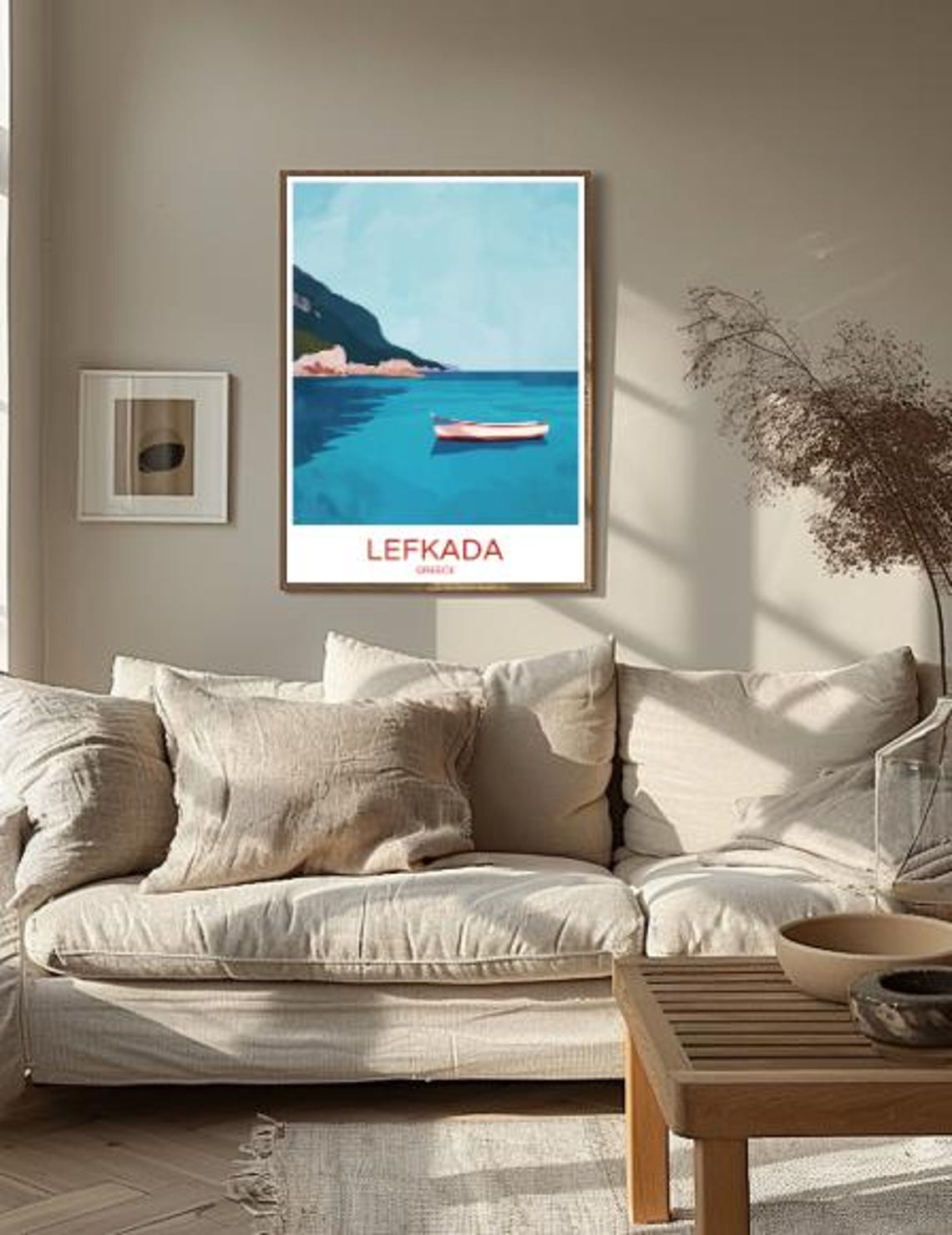 Turquoise Lefkada Greece Ionian Boat Cliffs Coastal Travel Poster - Image 2