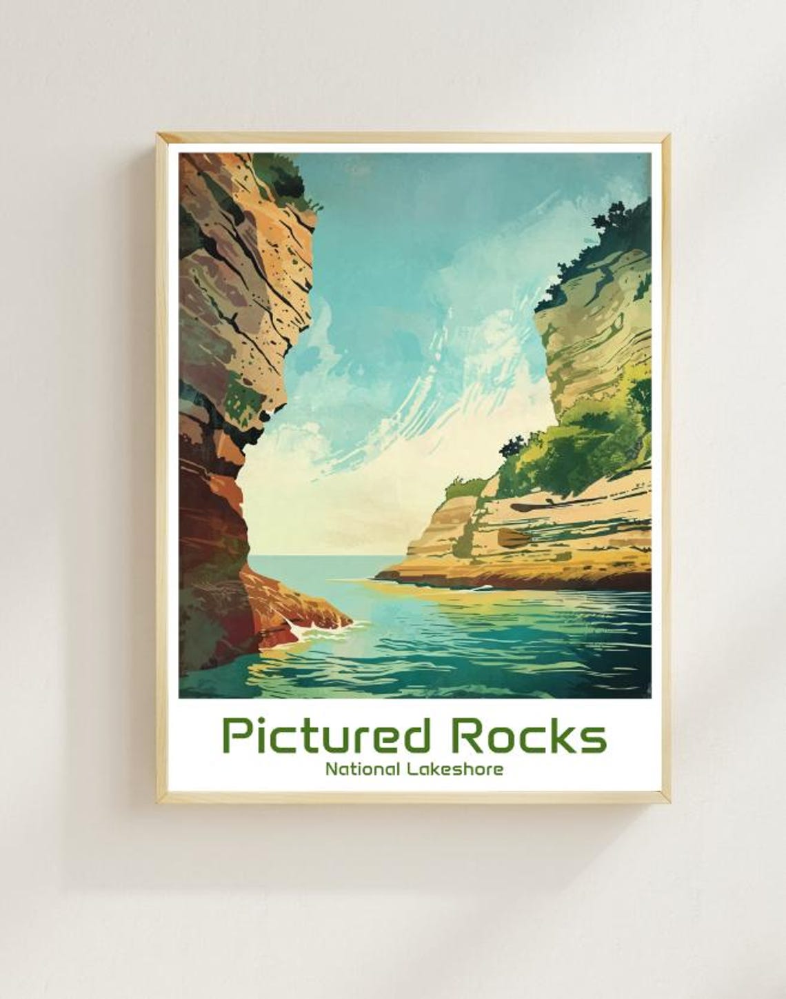 Pictured Rocks National Lakeshore Travel Poster Scenic Michigan Coast Wall Art Lake Superior Nature Print Outdoor Adventure Hiking Gift