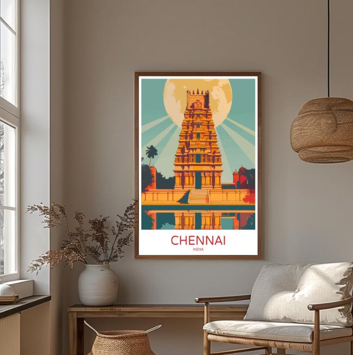 Chennai India Golden Temple Tower Moonlit Water Reflection Art Poster - Image 4