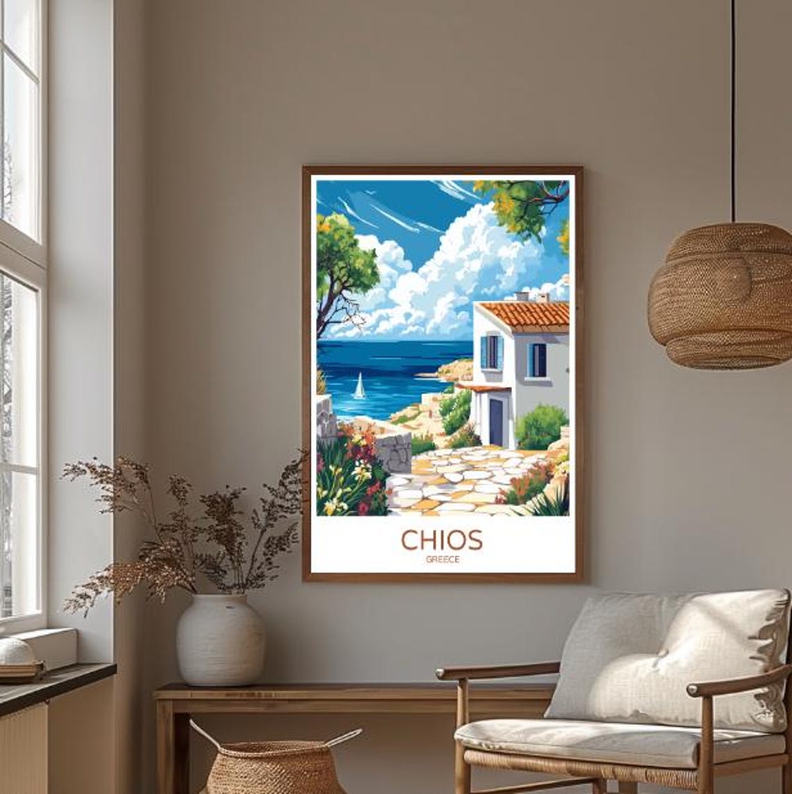 Chios Greece Travel Poster Seaside Villa Sailboat And Stone Path View - Image 3