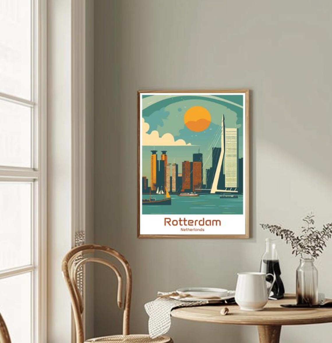 Modern Rotterdam Netherlands Erasmus Bridge Skyline Scene Poster - Image 2