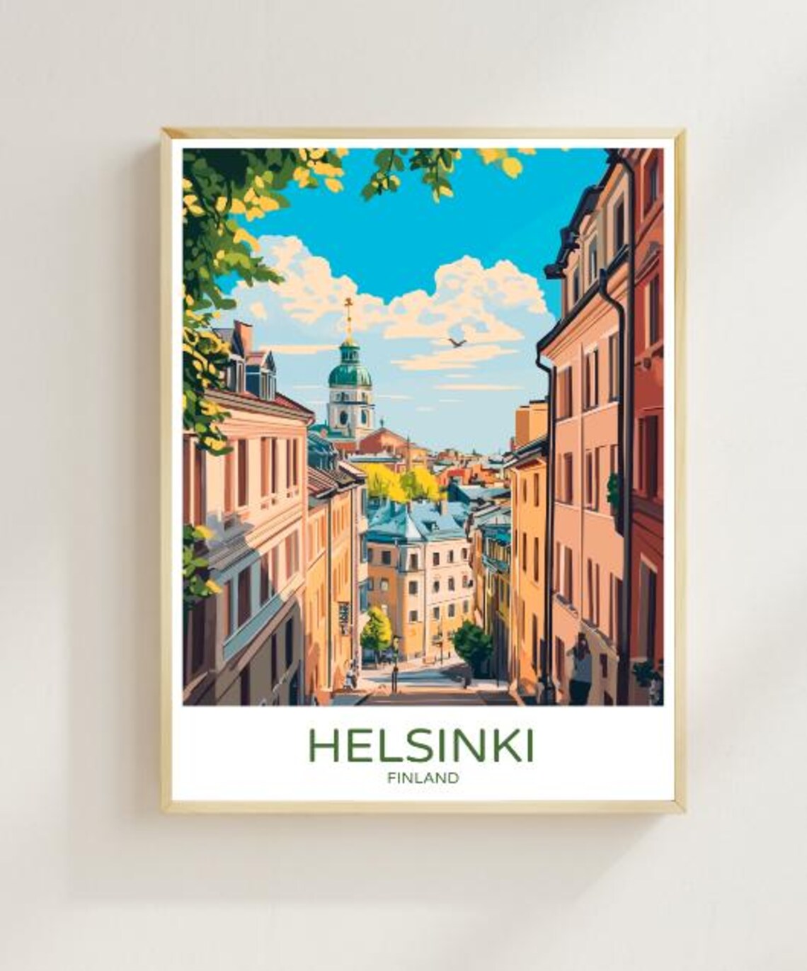 Helsinki Finland Historic Street View Cathedral Old Town Travel Poster