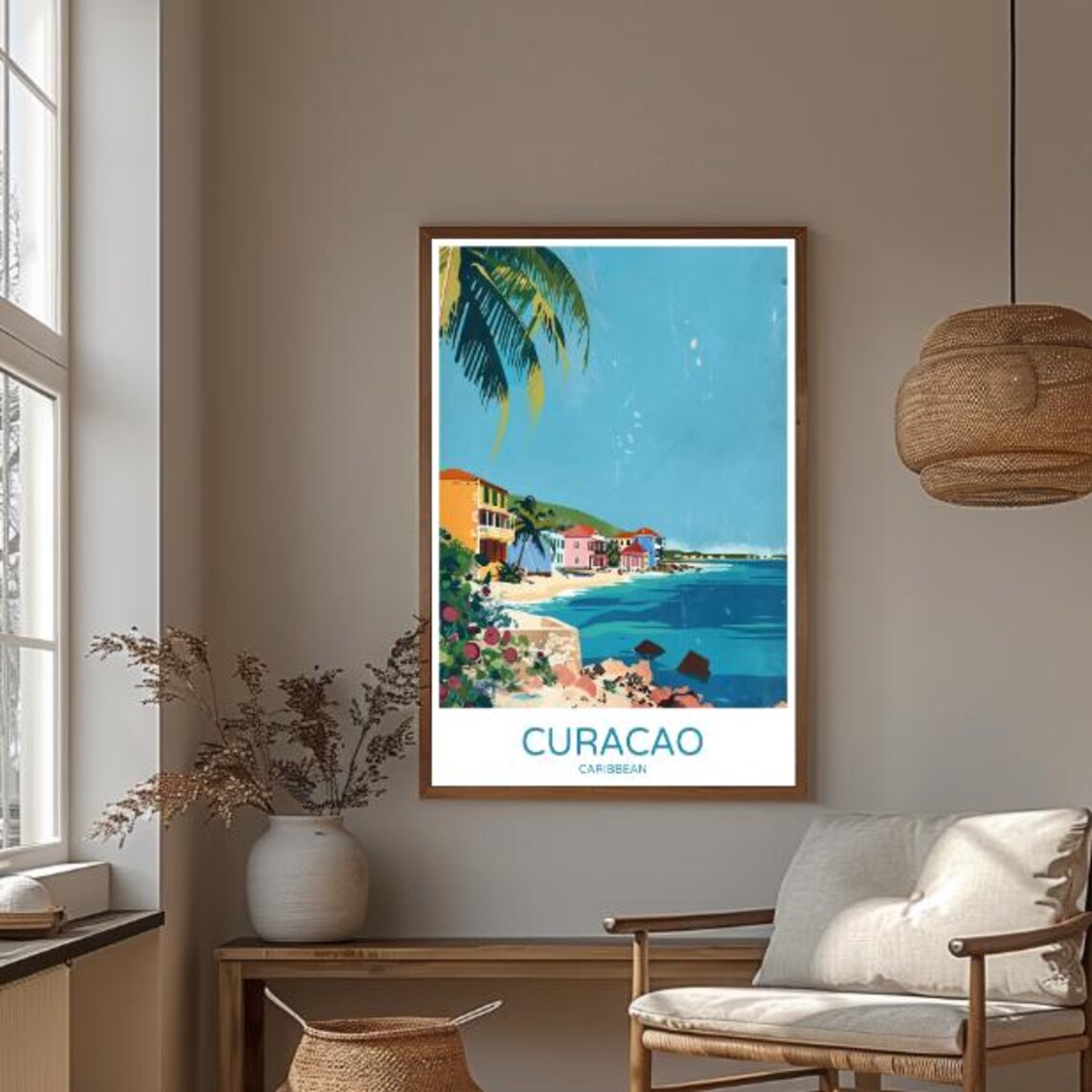 Curacao Caribbean Colorful Coastline Palm Tree Ocean View Travel Poster - Image 3