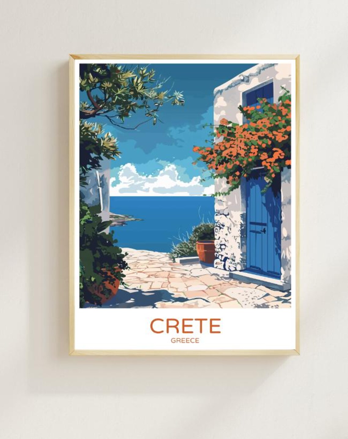 Crete Greece Blue Door Village Overlooking the Sea Travel Poster