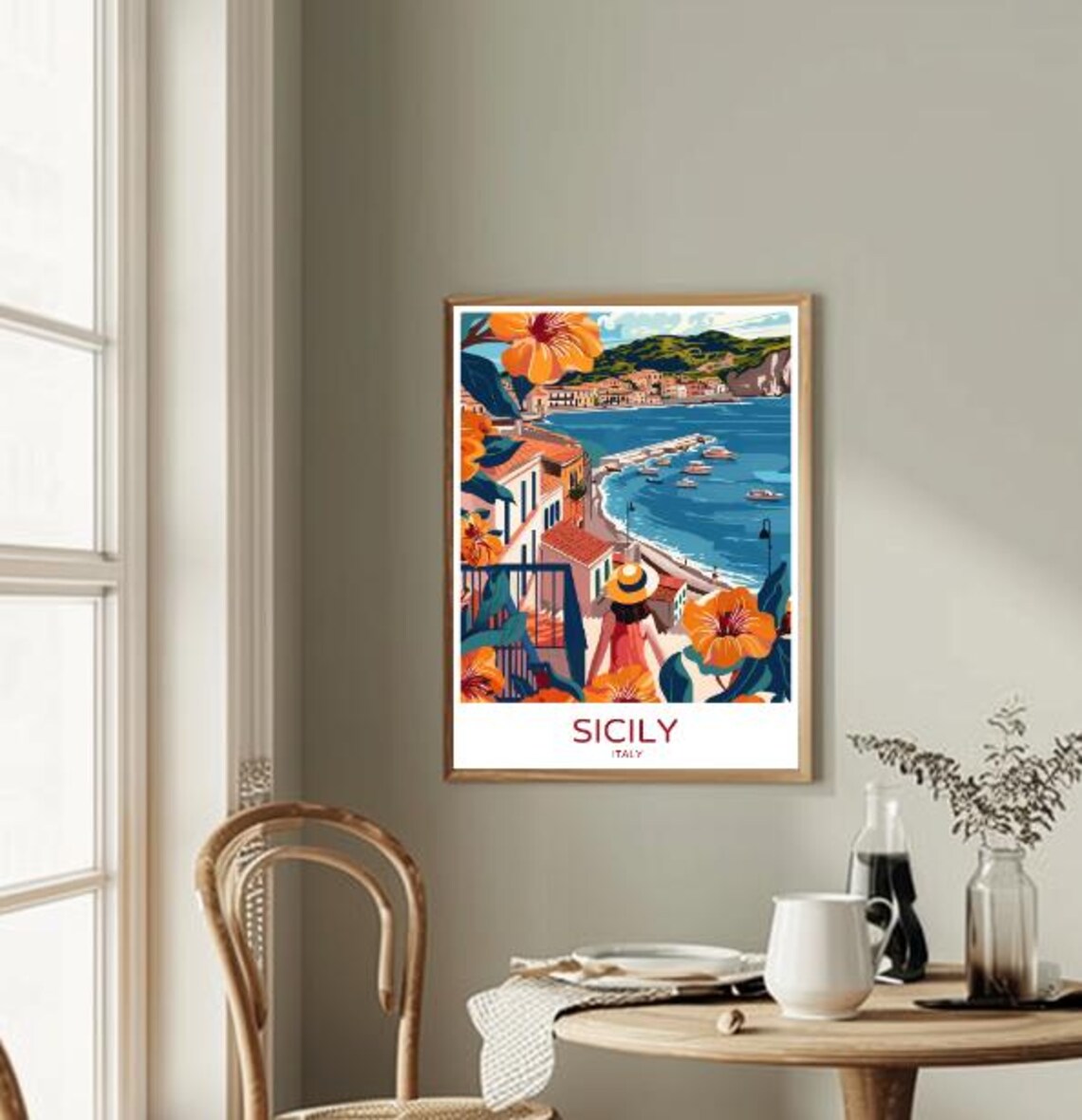 Sicily Italy Travel Poster Coastal Harbor Town Hibiscus Flowers View - Image 2