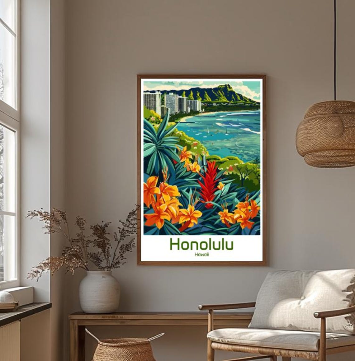 Honolulu Hawaii Waikiki Diamond Head Tropical Flowers Poster - Image 4