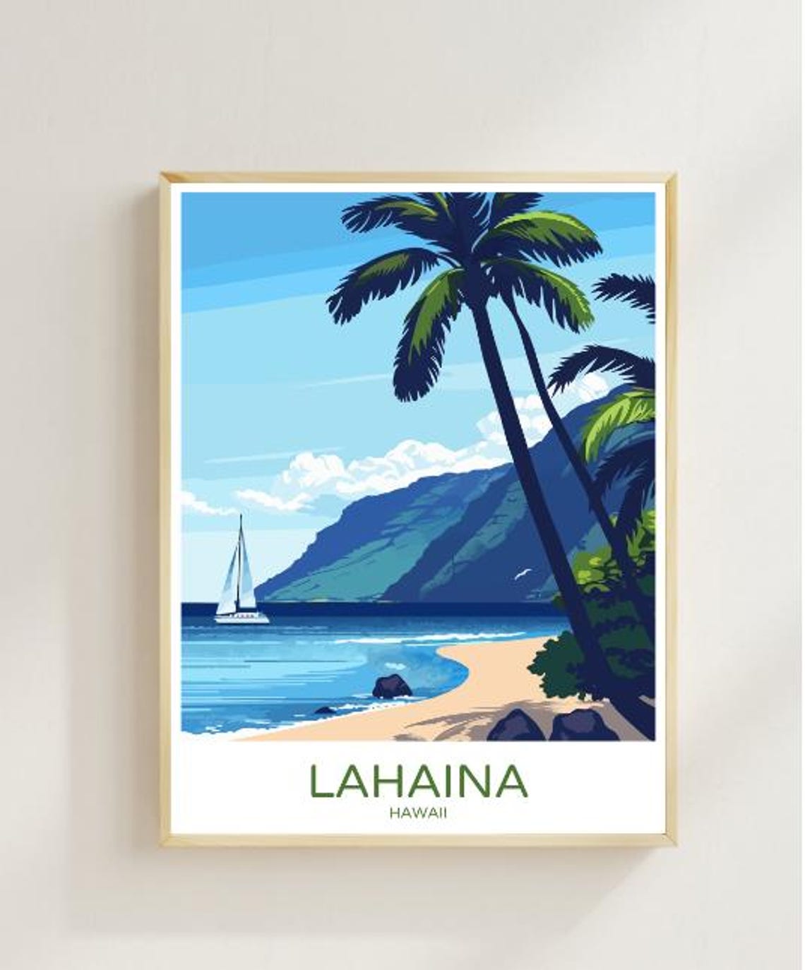 Lahaina Hawaii Beach Palm Trees Sailboat Tropical Island Poster