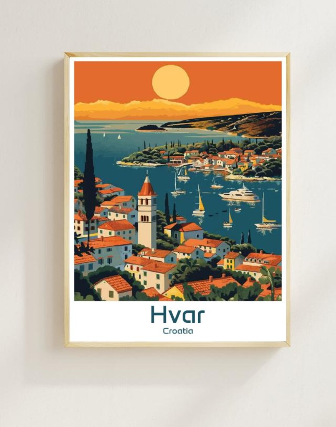 Hvar Croatia Sunset Harbor Town Bell Tower Golden View Poster