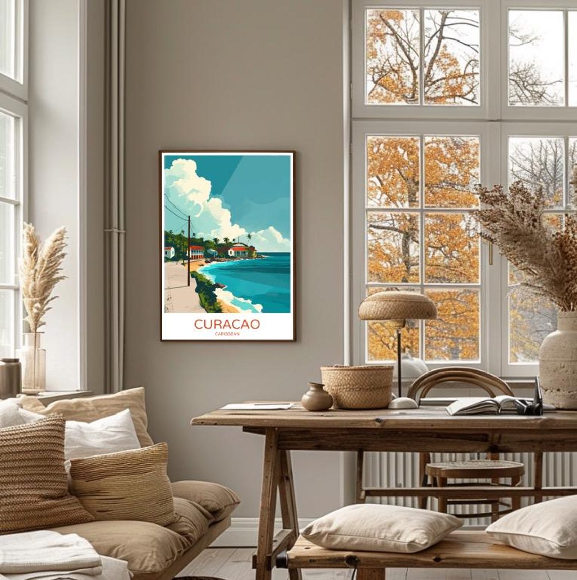 Curacao Caribbean Colorful Beachfront Houses Coastline Travel Poster - Image 4