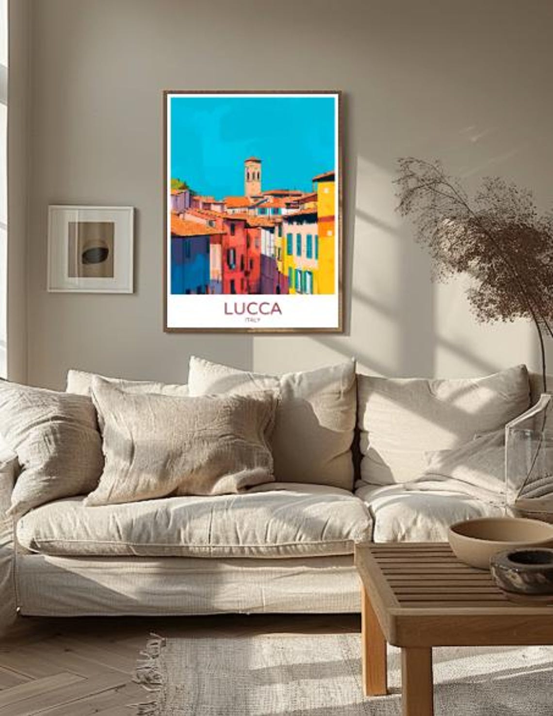 Lucca Italy Colorful Old Town Rooftops Bell Tower Travel Poster - Image 2
