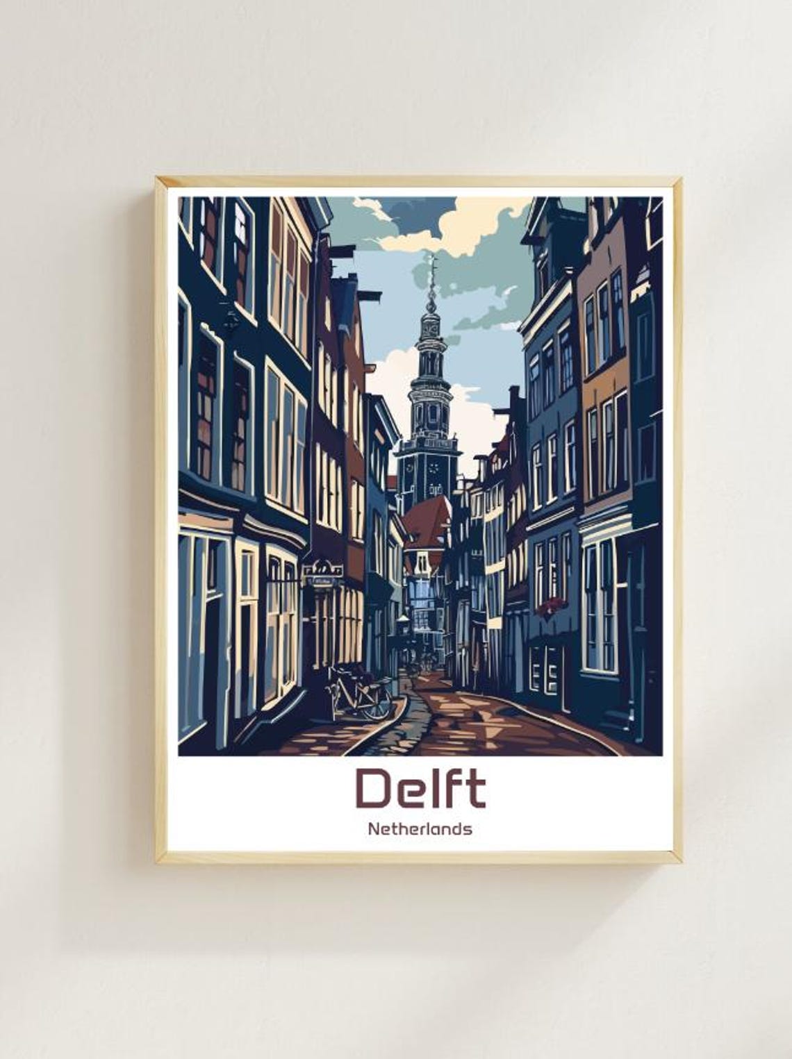Delft Netherlands Nieuwe Kerk Cobblestone Street Bicycles Poster