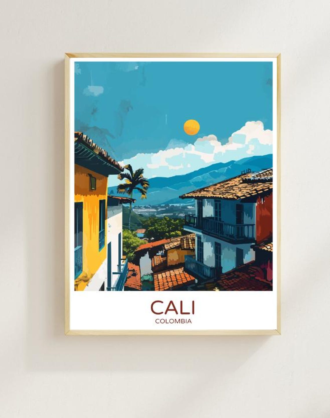 Vibrant Cali Colombia Tropical Mountain Town Sunset Scene Poster