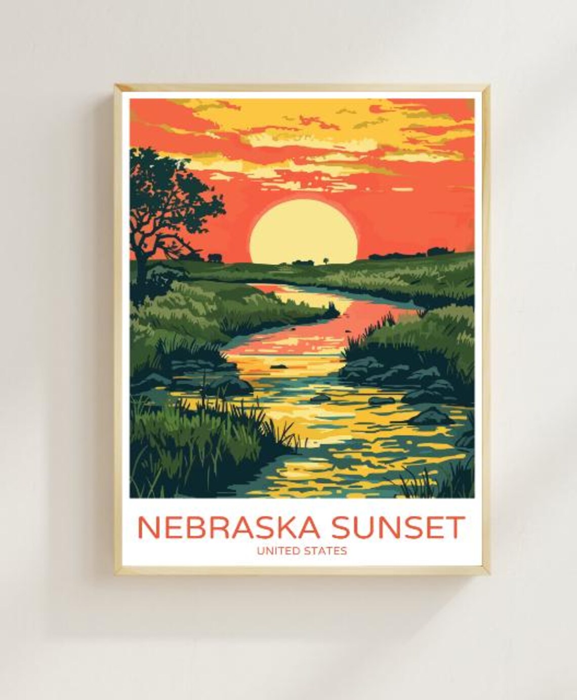 Nebraska Sunset Over River and Plains Golden Hour Travel Poster