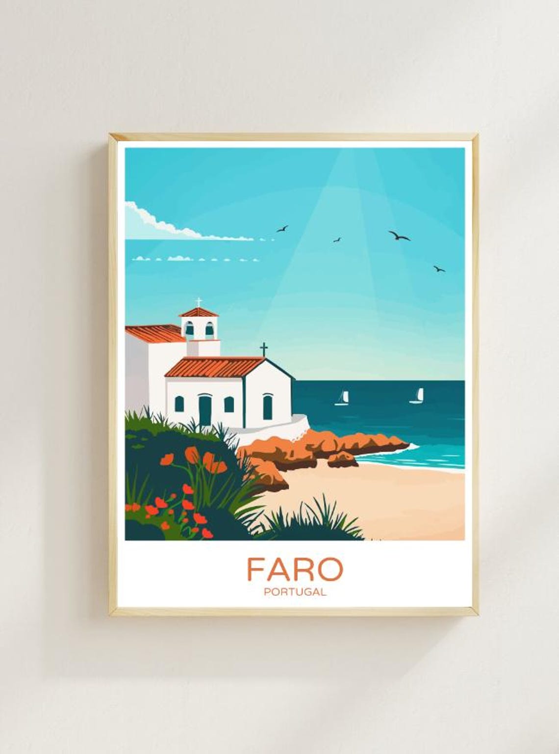 Faro Portugal Whitewashed Seaside Chapel by the Sea Travel Poster