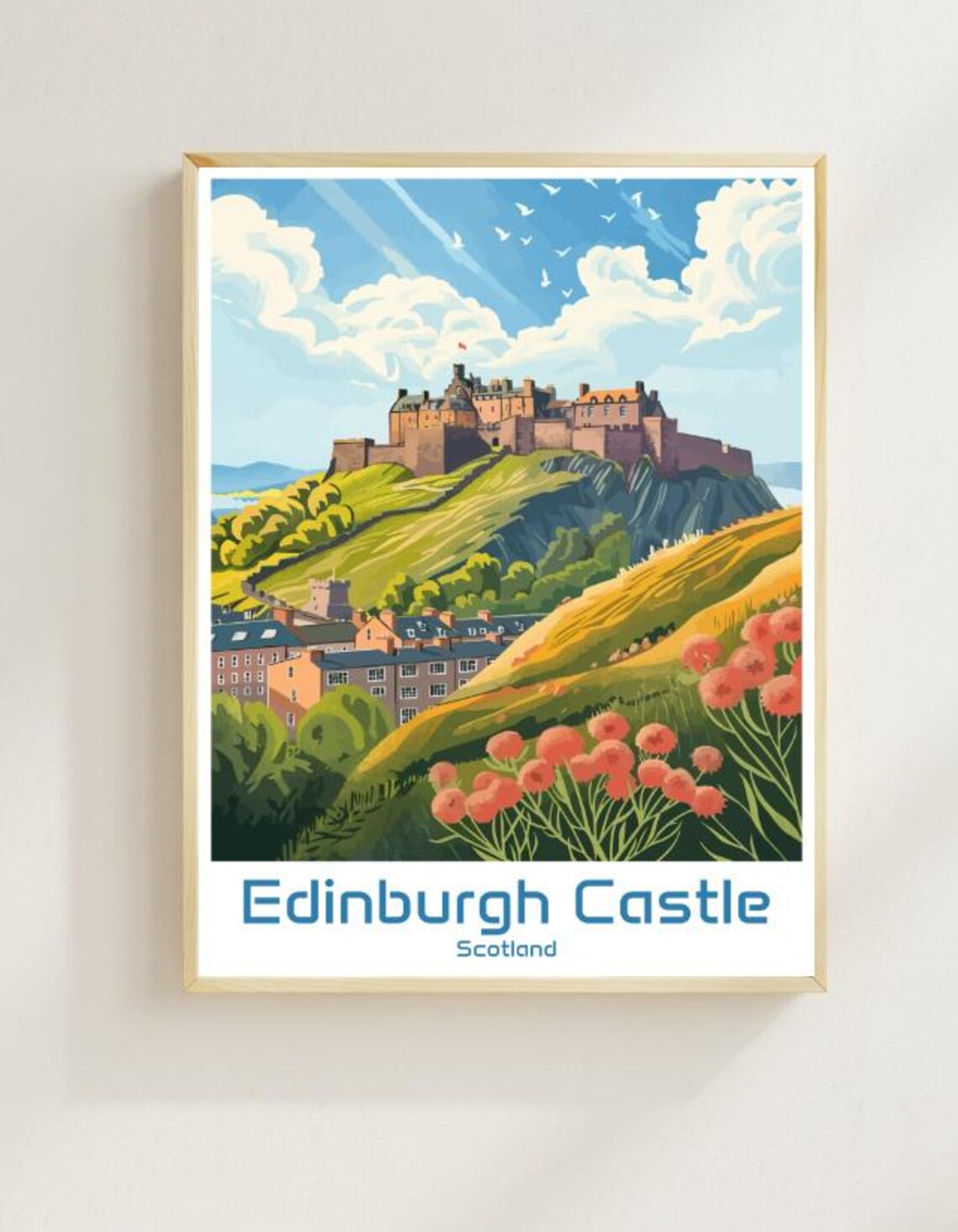 Edinburgh Castle Scotland Royal Hilltop Flowers Vintage Travel Poster