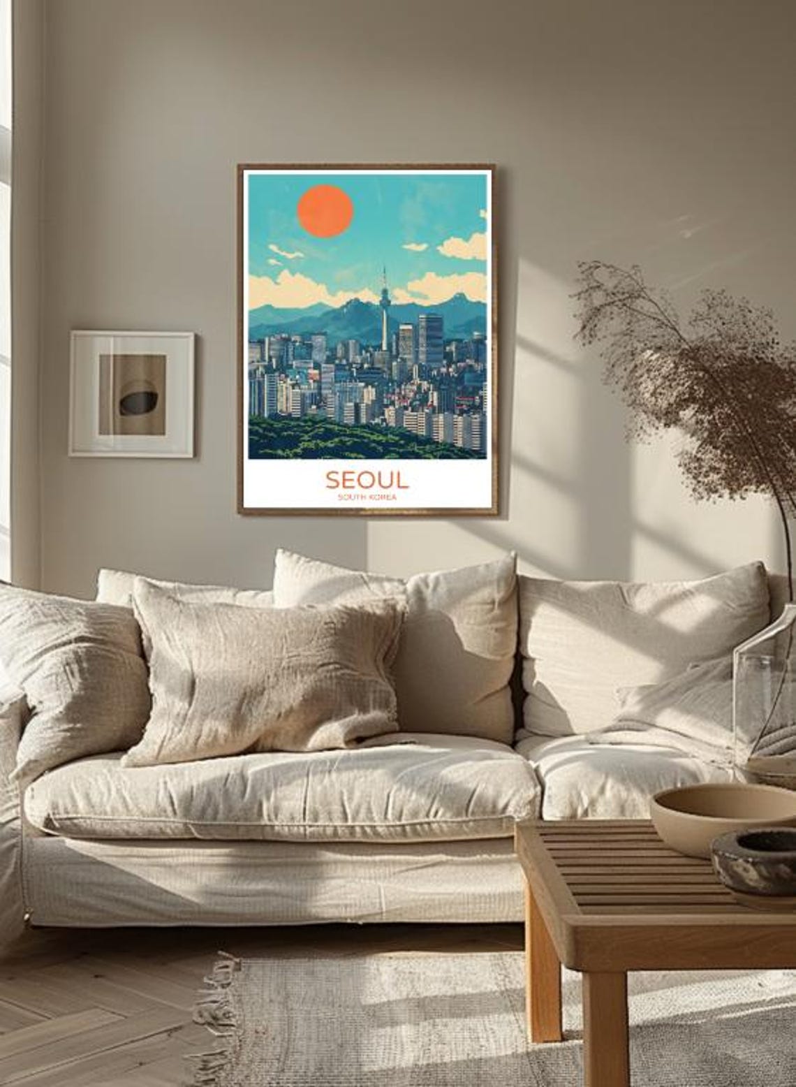 Retro Seoul City Skyline With Tower Under Orange Sun Travel Poster - Image 3