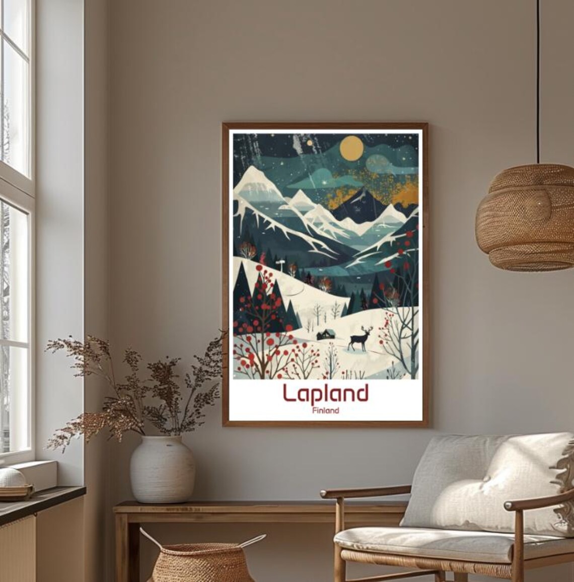 Lapland Finland Winter Night Reindeer Northern Lights Travel Poster - Image 4