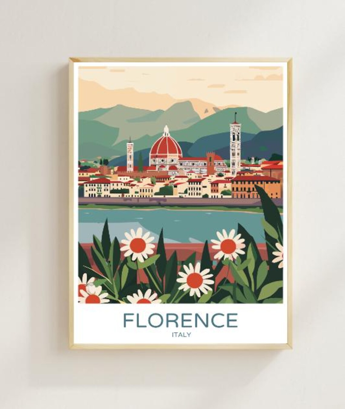Florence Italy Travel Poster Duomo Cathedral And Daisies View