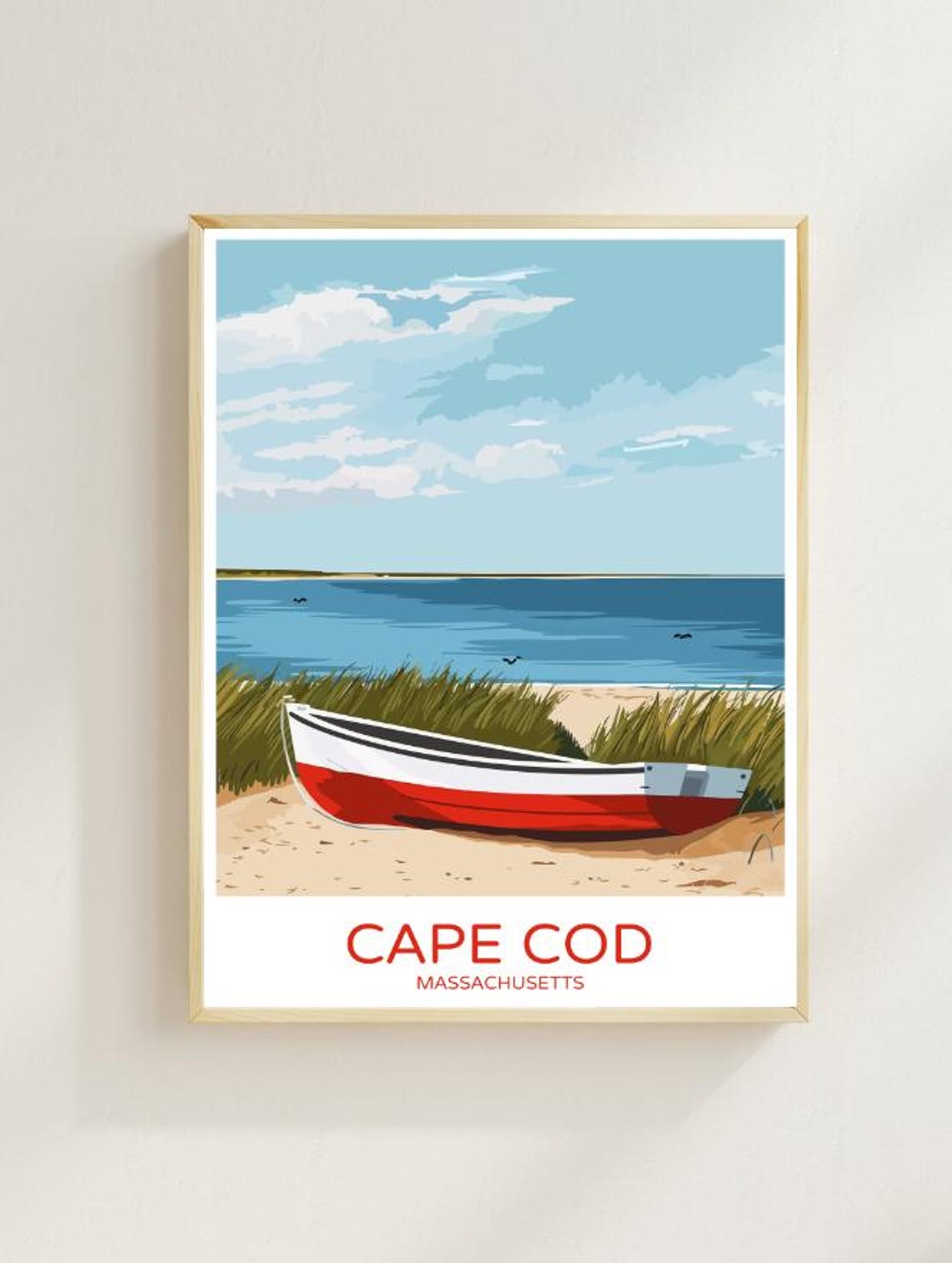 Cape Cod Massachusetts Red Boat on Beach Dunes Travel Poster