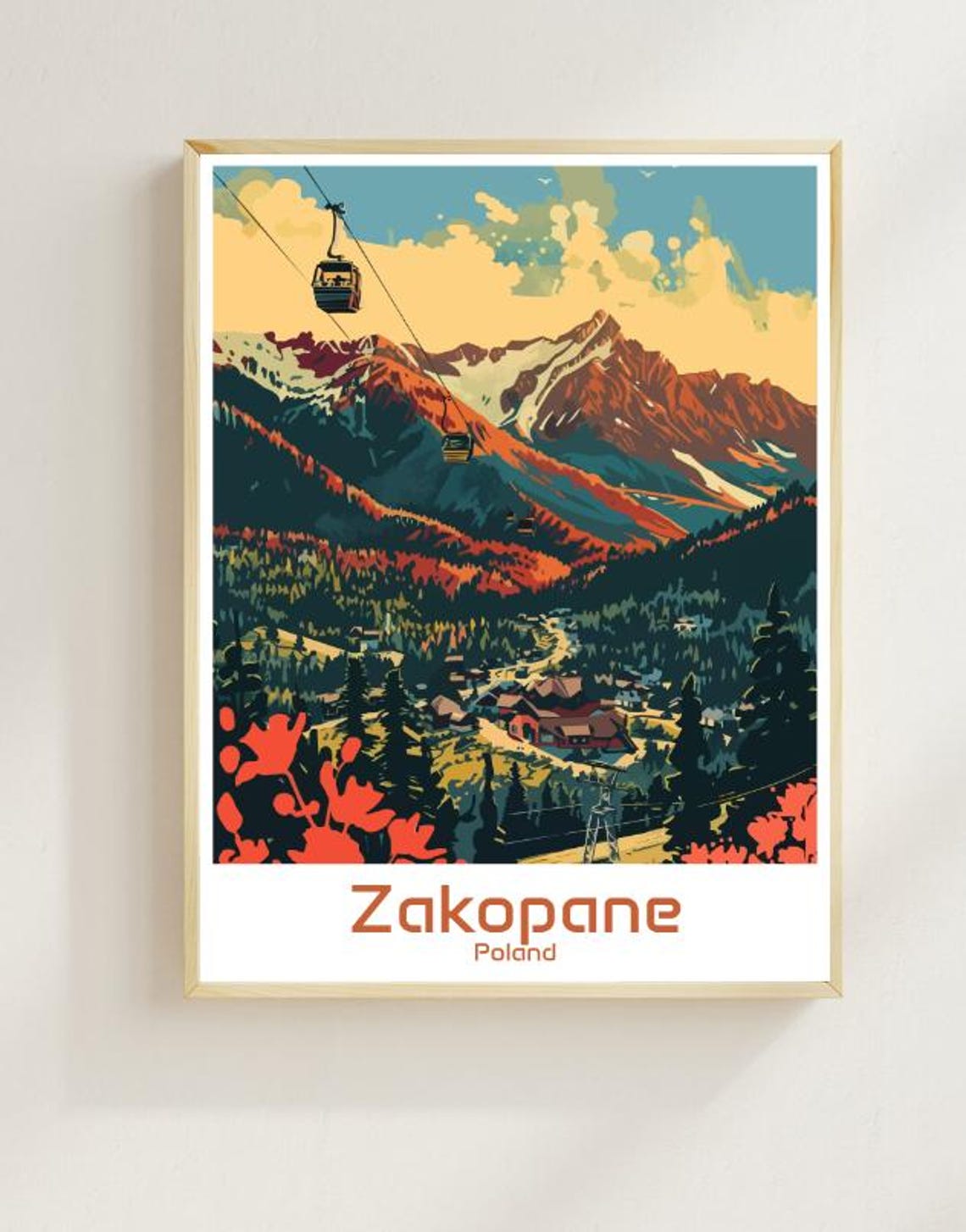 Zakopane Poland Travel Poster with a Gondola over the Tatra Mountains