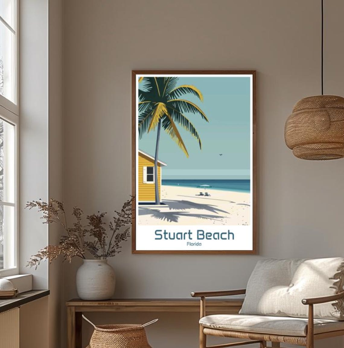 Stuart Beach Florida Palm Tree Beach Cottage Vintage Art Poster - Image 4