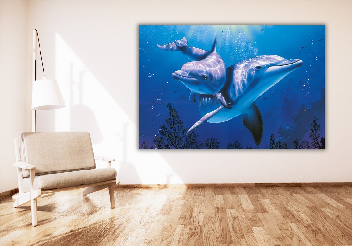 Two Dolphins Swimming Together Deep Blue Ocean Underwater Art Poster - Image 2
