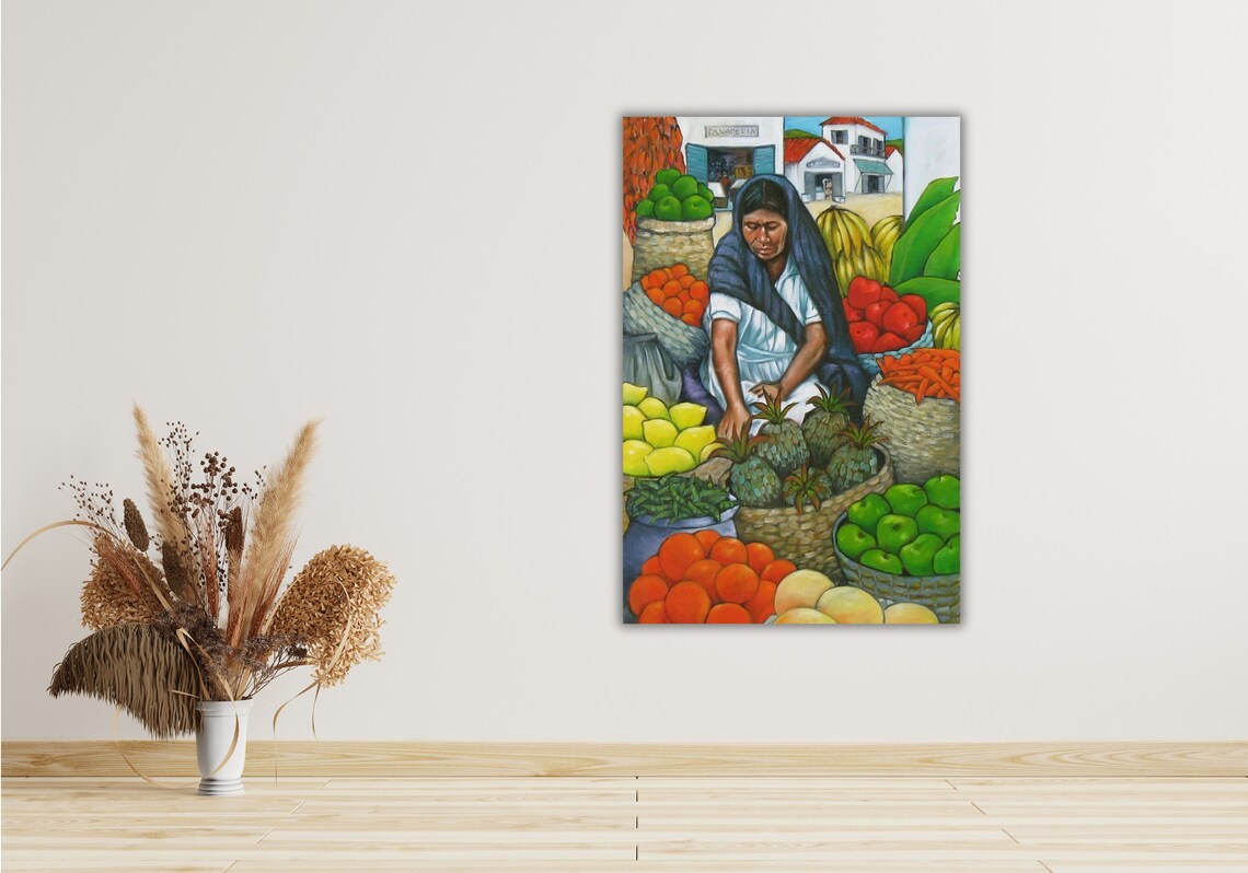 Mexican Market Vendor Woman Fruits Vegetables Colorful Folk Poster - Image 3