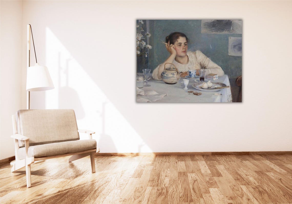 Contemplative Woman Smoking at Tea Table Impressionist Portrait Poster - Image 2