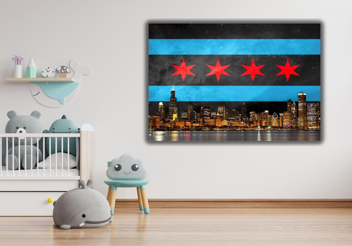 Chicago Flag Skyline Poster Print, Travel Poster