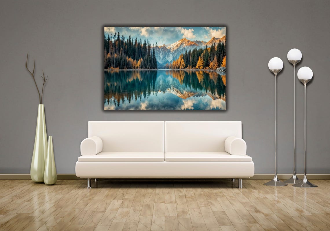 Mirror Lake Mountain Reflection Autumn Pine Forest Landscape Poster