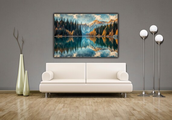 Mirror Lake Mountain Reflection Autumn Pine Forest Landscape Poster