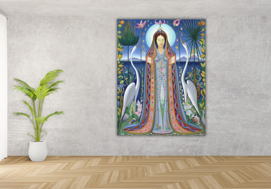 Symbolist Madonna With Halo and White Herons Night Garden Poster - Image 3