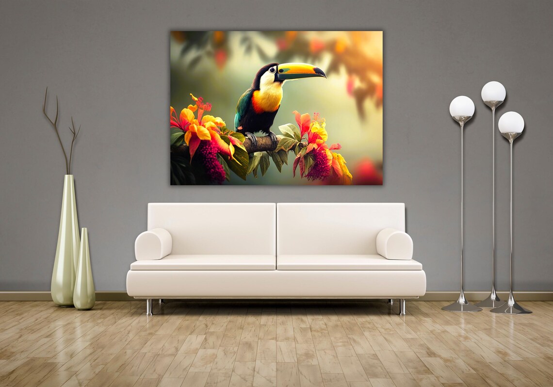 Colorful Toucan on Tropical Flower Branch Rainforest Art Poster - Image 2