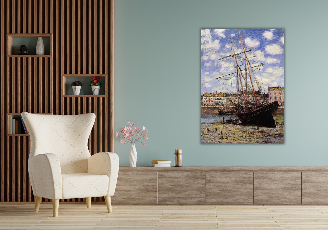 Claude Monet Beached Sailing Ship Low Tide Harbor Impressionist Art Poster - Image 3