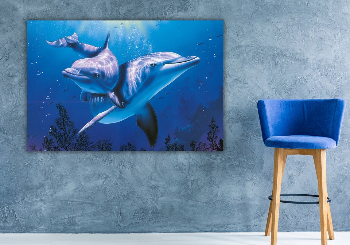 Two Dolphins Swimming Together Deep Blue Ocean Underwater Art Poster - Image 3