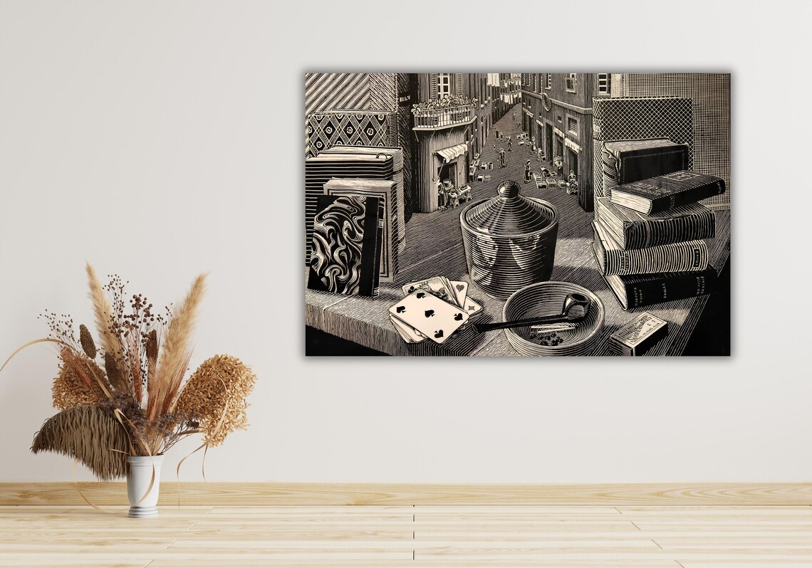 M C Escher Still Life and Street 1937 Optical Illusion Poster