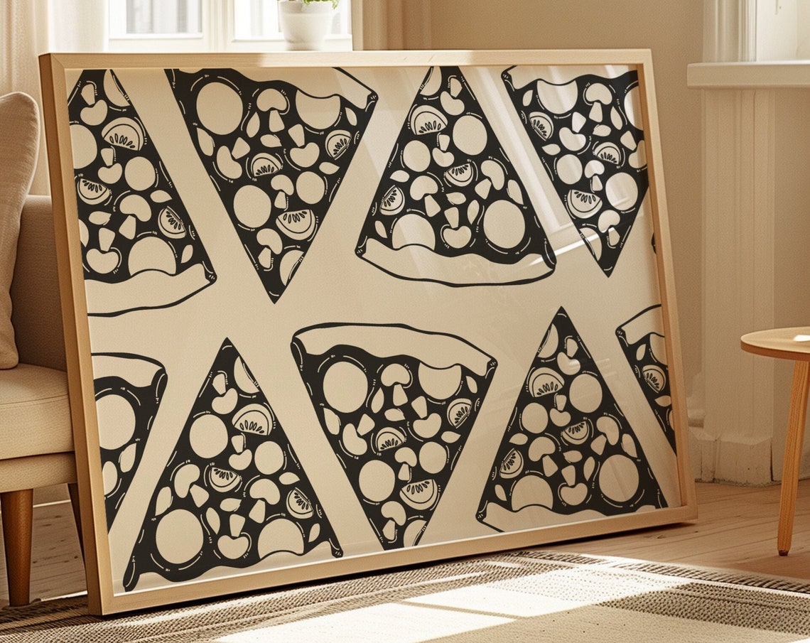 Pizza Slice Repeat Pattern Black Line Art Kitchen Wall Decor Poster