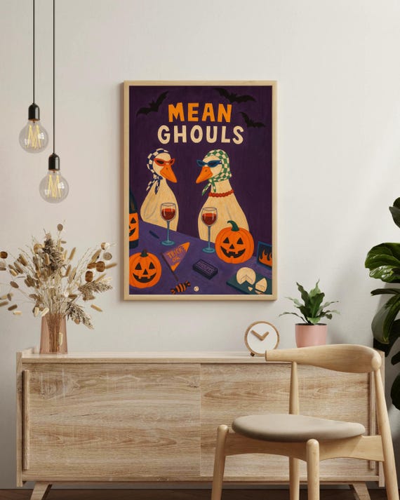 Mean Ghouls Wall Art Funny Ducks With Wine And Pumpkins Decor For Halloween