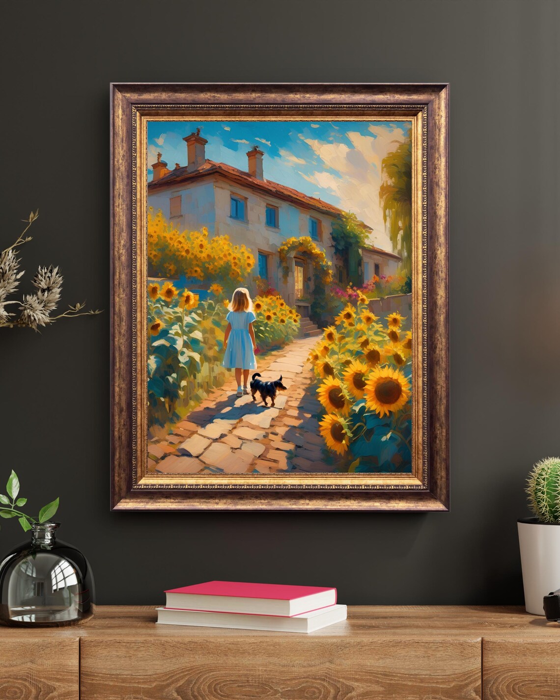 Girl And Dog Sunflower Path Country Farmhouse Summer Art Poster