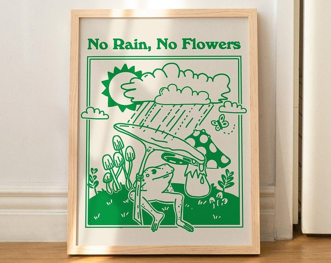 No Rain No Flowers Green Frog Mushroom Umbrella Retro Poster