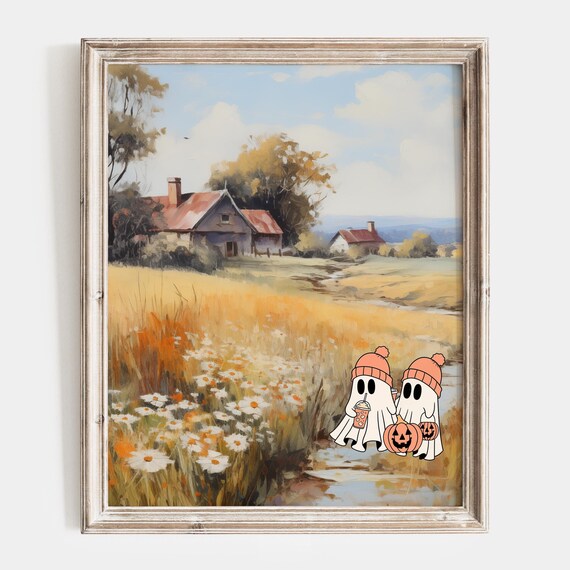 Two Cute Ghosts At An Autumn Farmhouse With Daisies Fall Poster