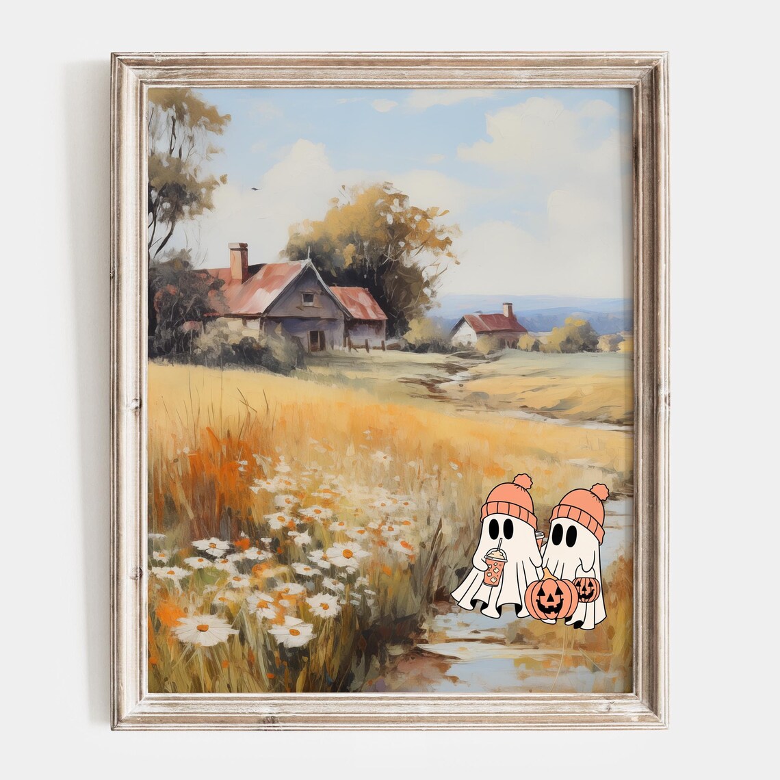 Two Cute Ghosts At An Autumn Farmhouse With Daisies Fall Poster