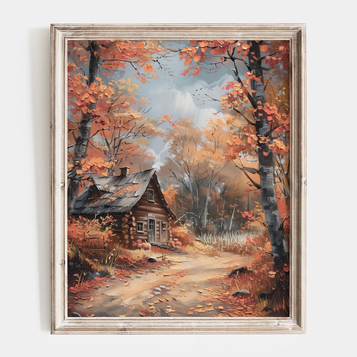 Cozy Autumn Log Cabin Nestled in Orange Fall Forest Painting Poster