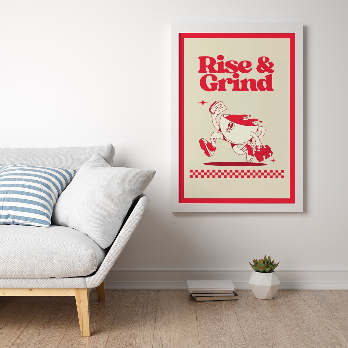Rise And Grind Retro Coffee Cup Mascot Quote Poster Red Border Vintage - Image 2