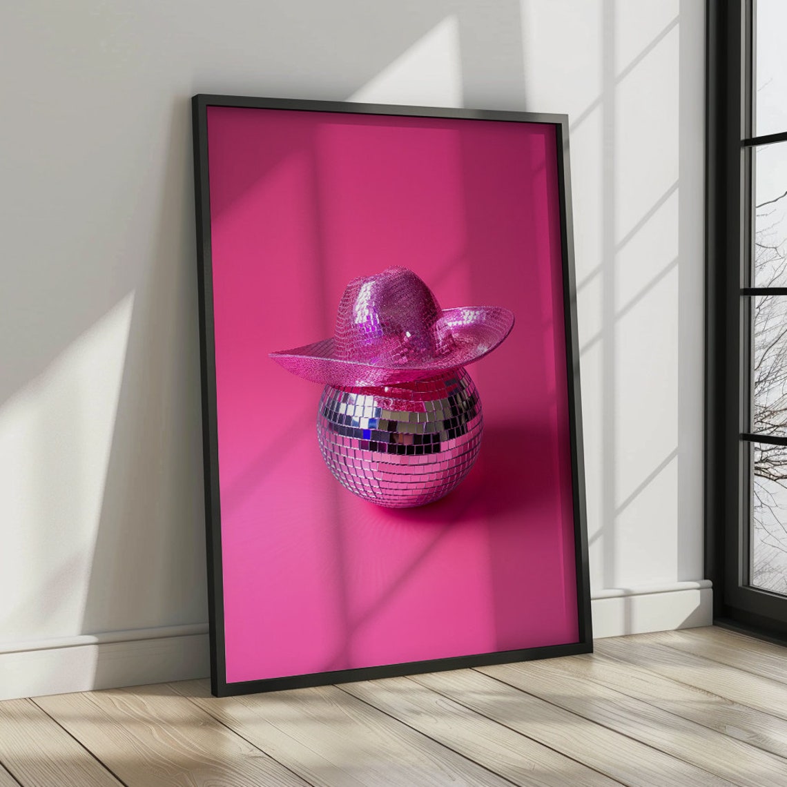 Pink Cowgirl Hat Disco Ball Poster Country Western Aesthetic Western Wall Art Print Cowgirl Print Vintage Retro Art Pink Aesthetic - Image 3