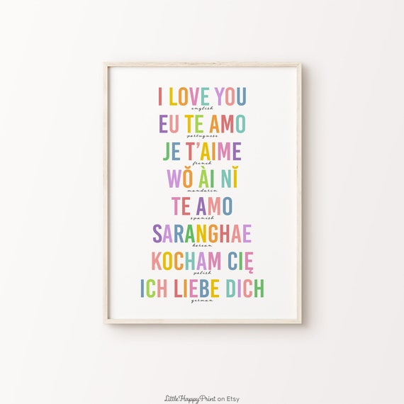 I Love You In Different Languages Print White Background Colourful Rainbow Nursery Kids Room Cute Classroom Home Decor Instant Download